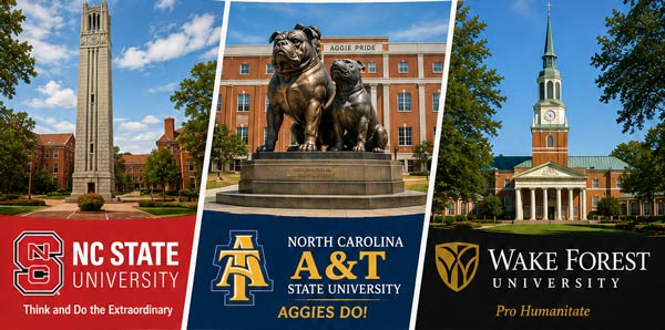 A triptych of three college campus: NC State University, North Carolina A&T State University, and Wake Forest University